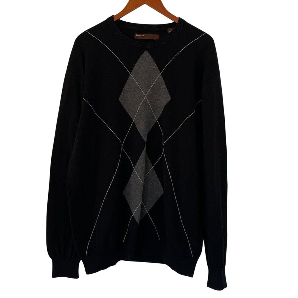 Vintage Perry Ellis Long Sleeve Crew Neck Argyle Sweater, Black, Preppy Golf XL
